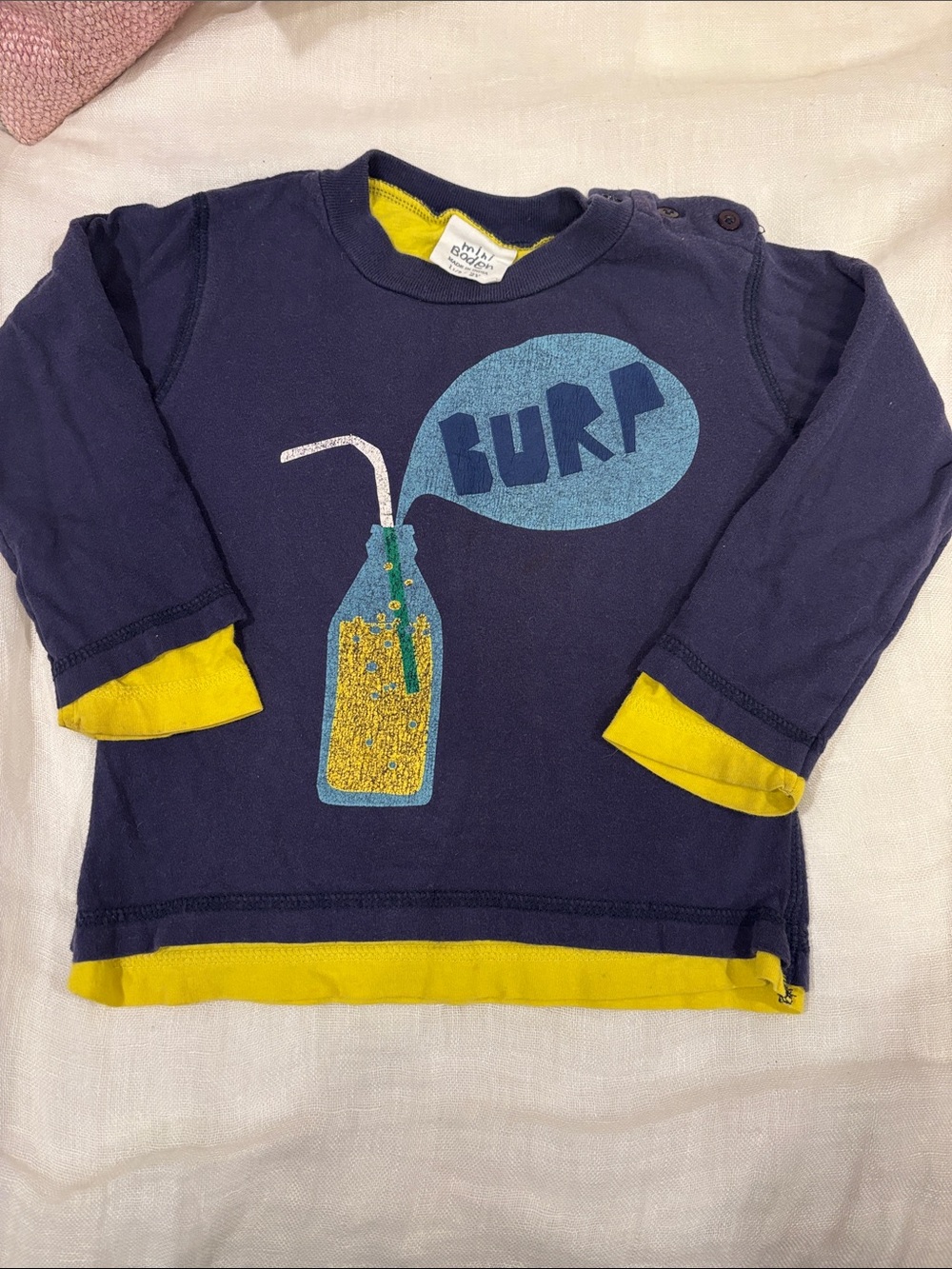 Mini Boden Navy Long-Sleeve Tee with Yellow Trim and Bottle Graphic